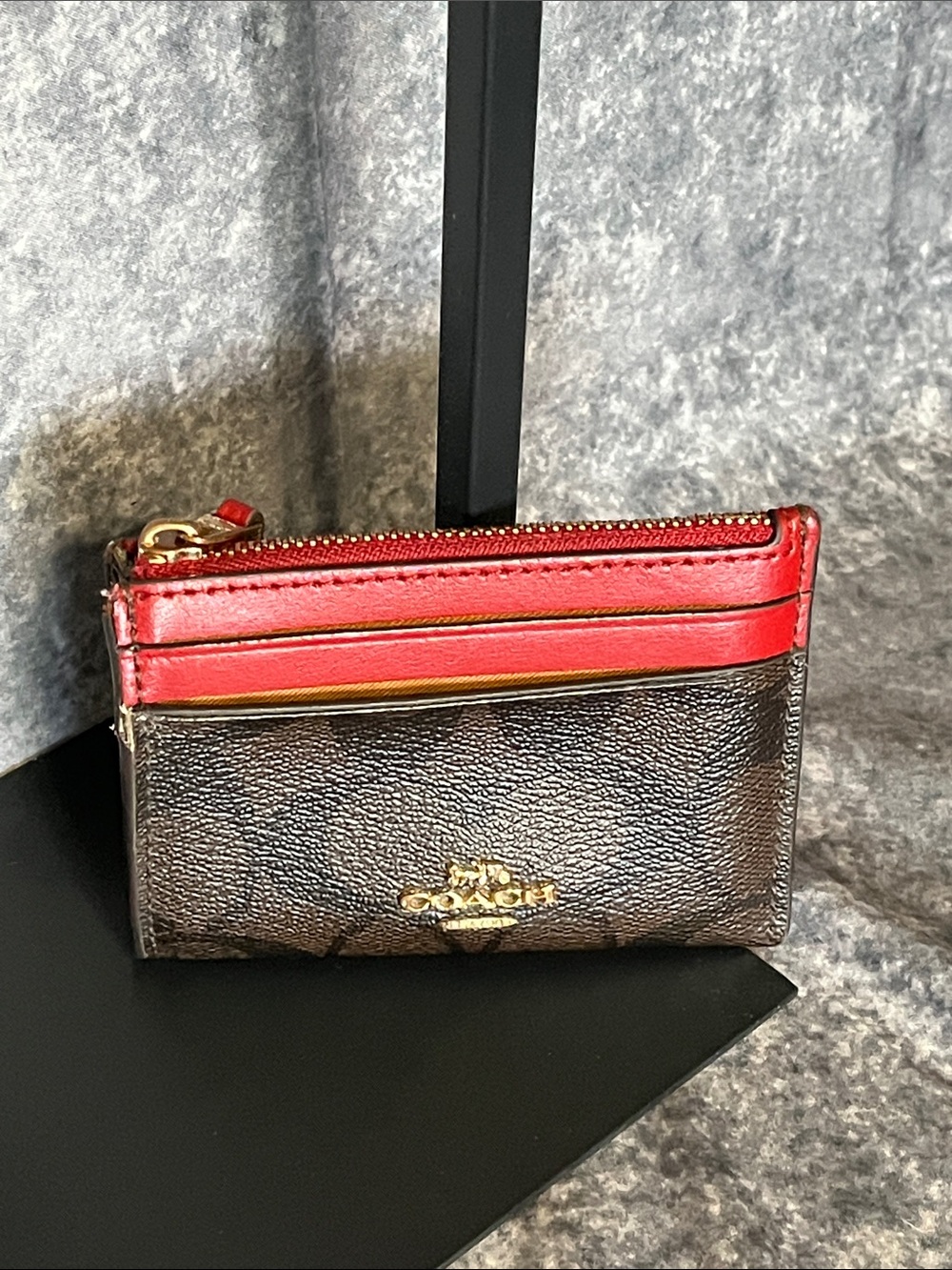 Coach Brown Signature Card Case with Red Trim